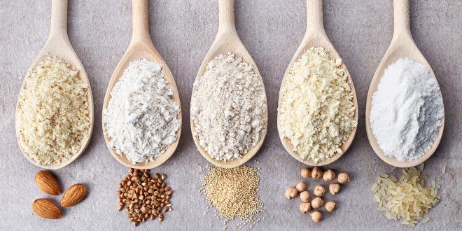 different kinds of gluten-free flour, such as almond, rice, and chickpea