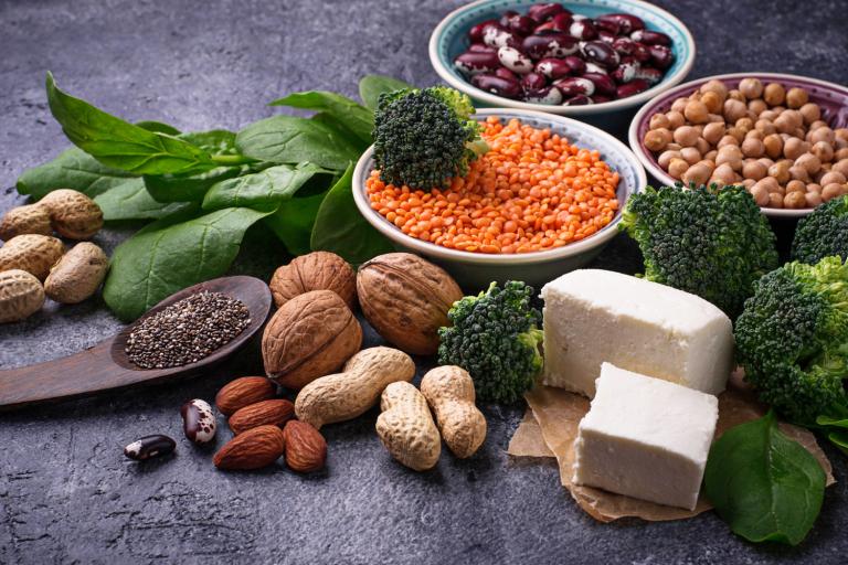 A variety of vegetarian foods high in protein content