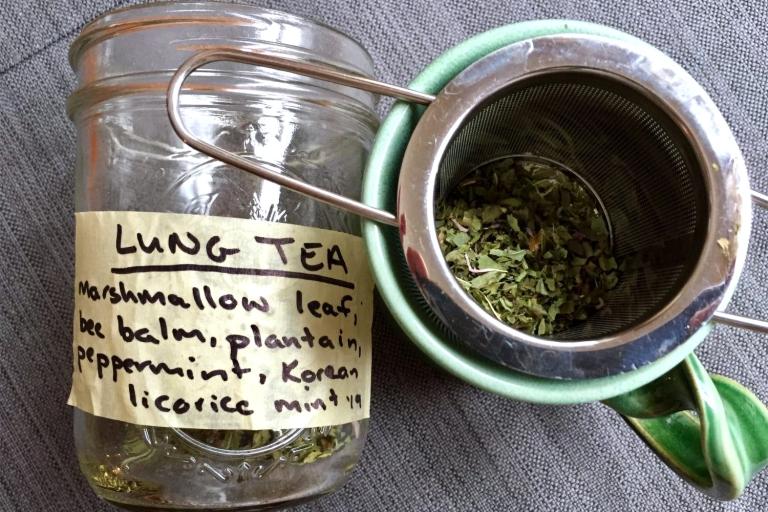 a jar of herbs for making a tea to soothe your lungs